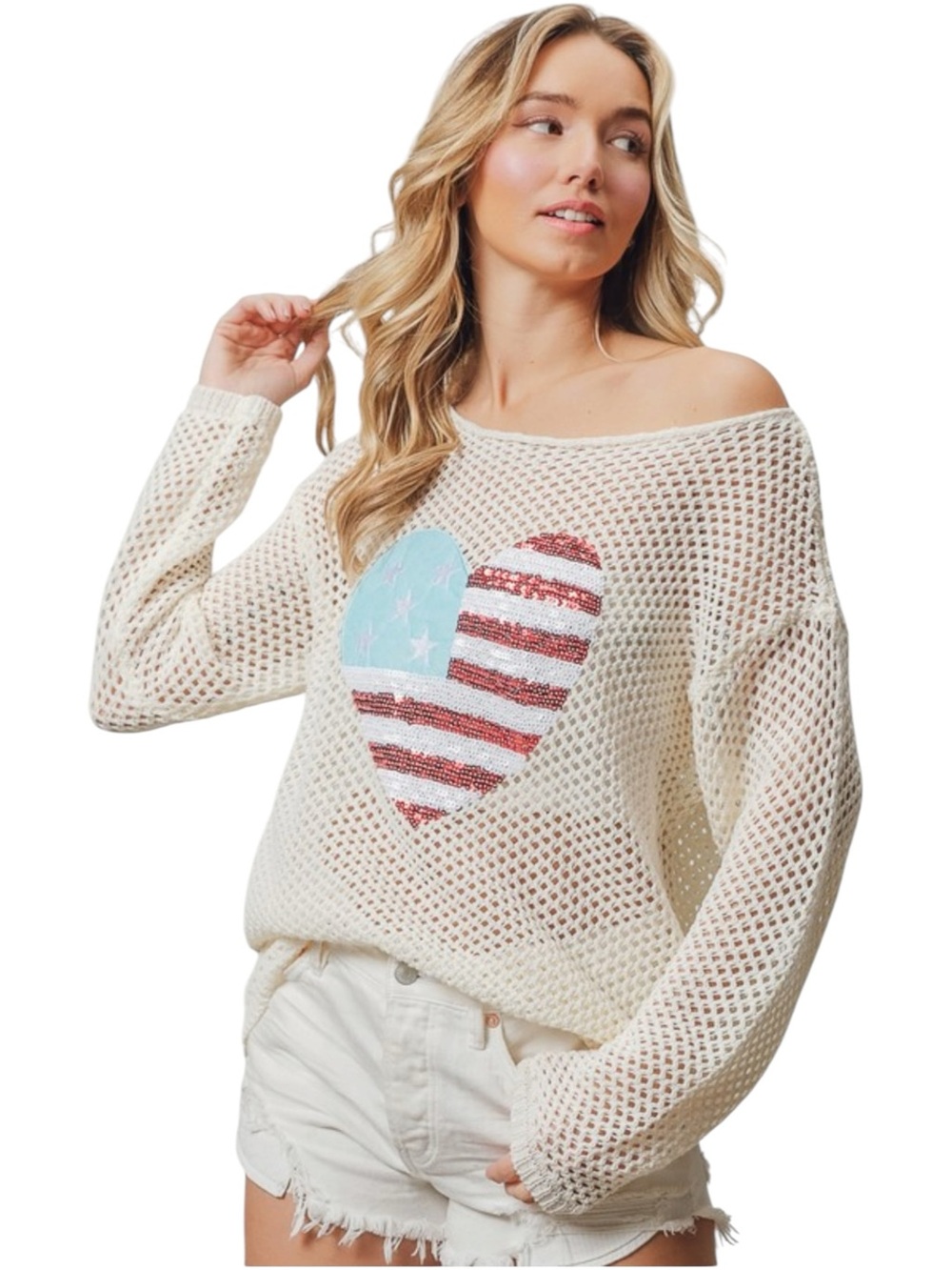 7152. Bibi Cream Open-Knit Sweater with Flag Heart